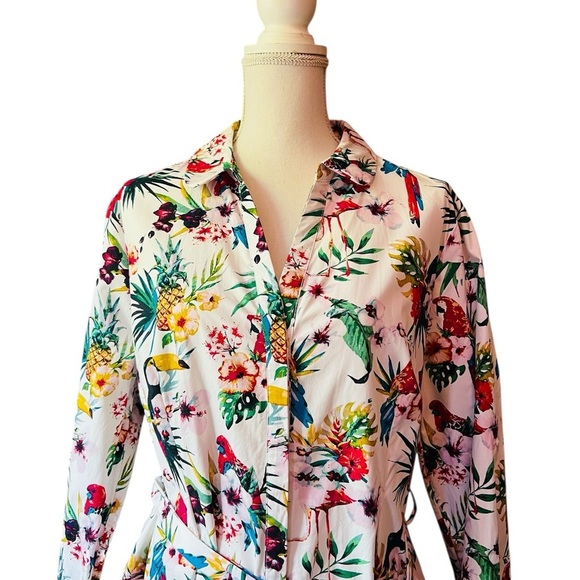 Per Una Multi-color Buttoned Tropical Bird Pattern Belted Dress Size 18 - Picture 2 of 13